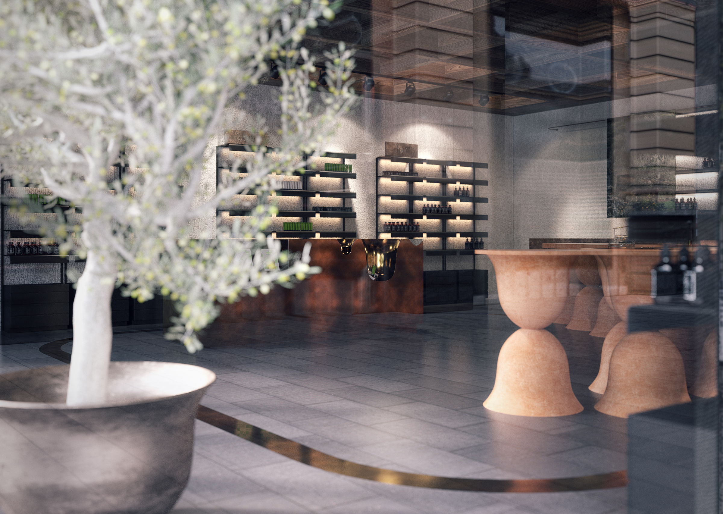 Modern interior design with shelves and tables, part of the Apivita project.