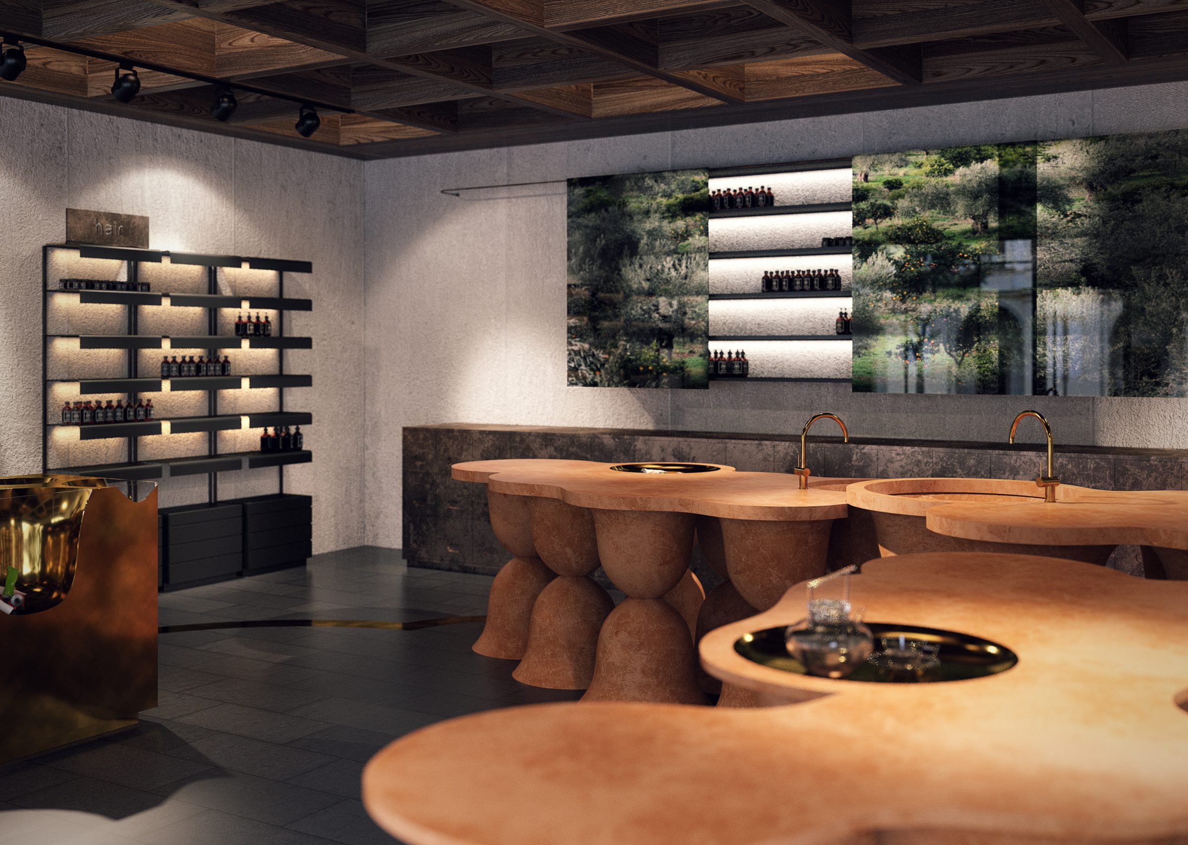 Modern interior design with organic shapes and natural materials from Apivita.