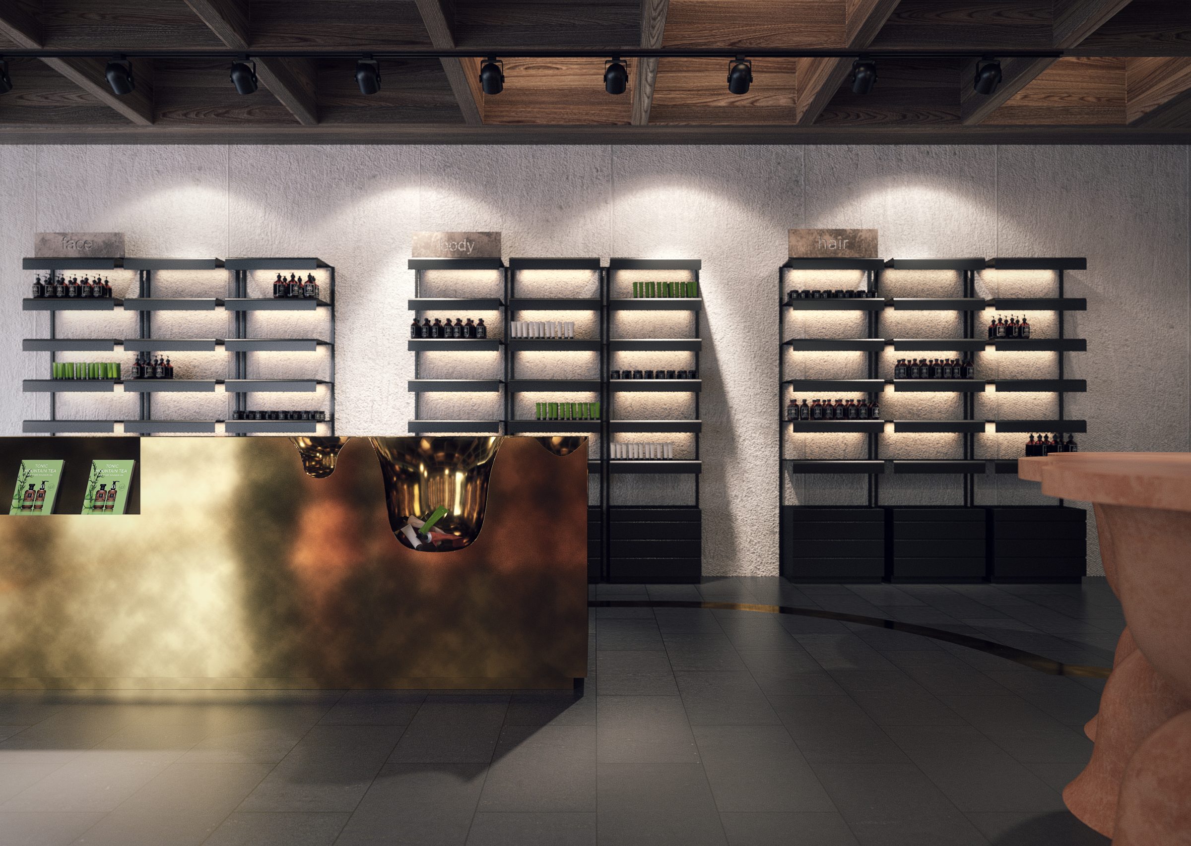 Modern retail interior with illuminated shelves and gold counter for Apivita display.
