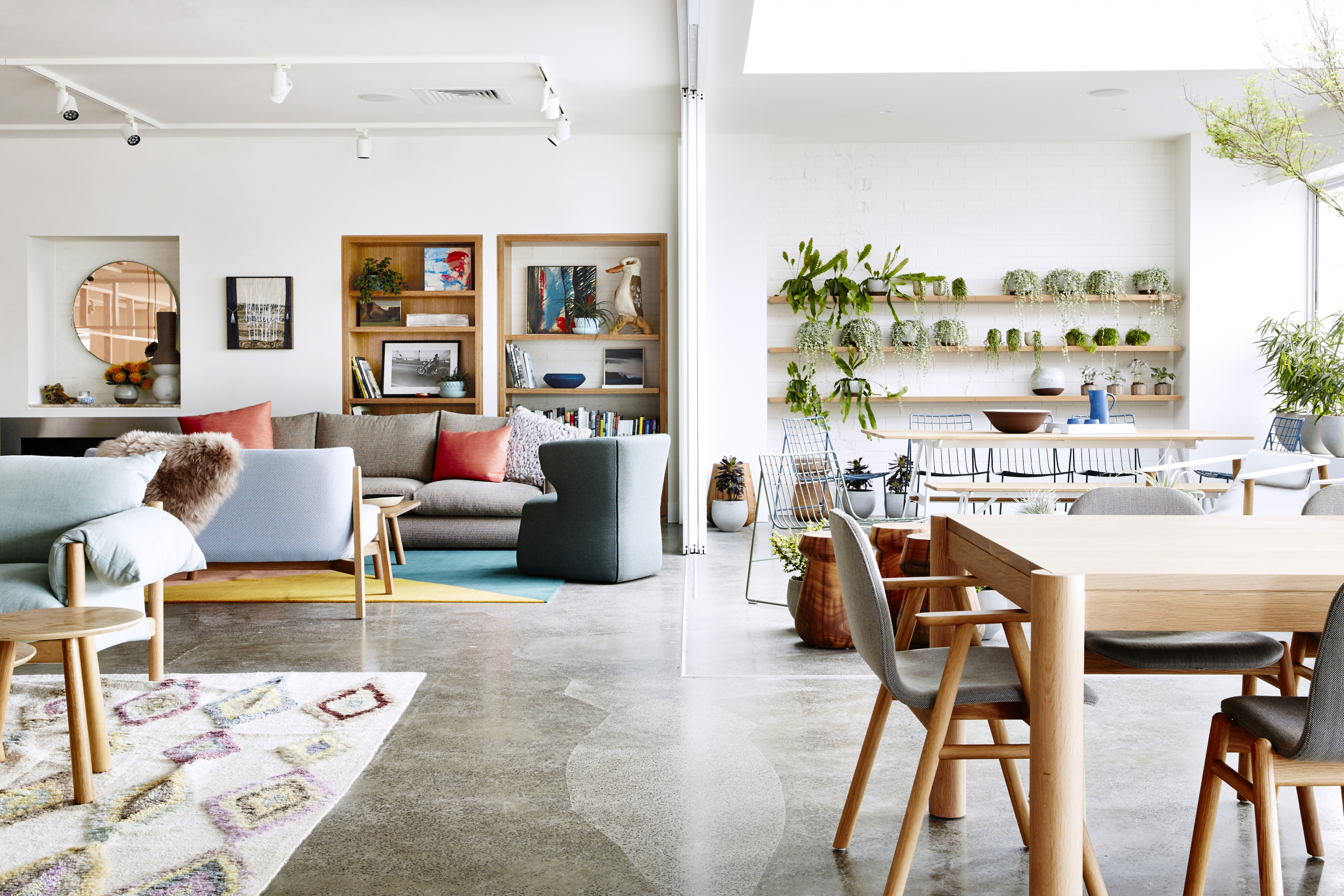 Modern living and dining area with plants and stylish furniture, part of Jardan, Melbourne.