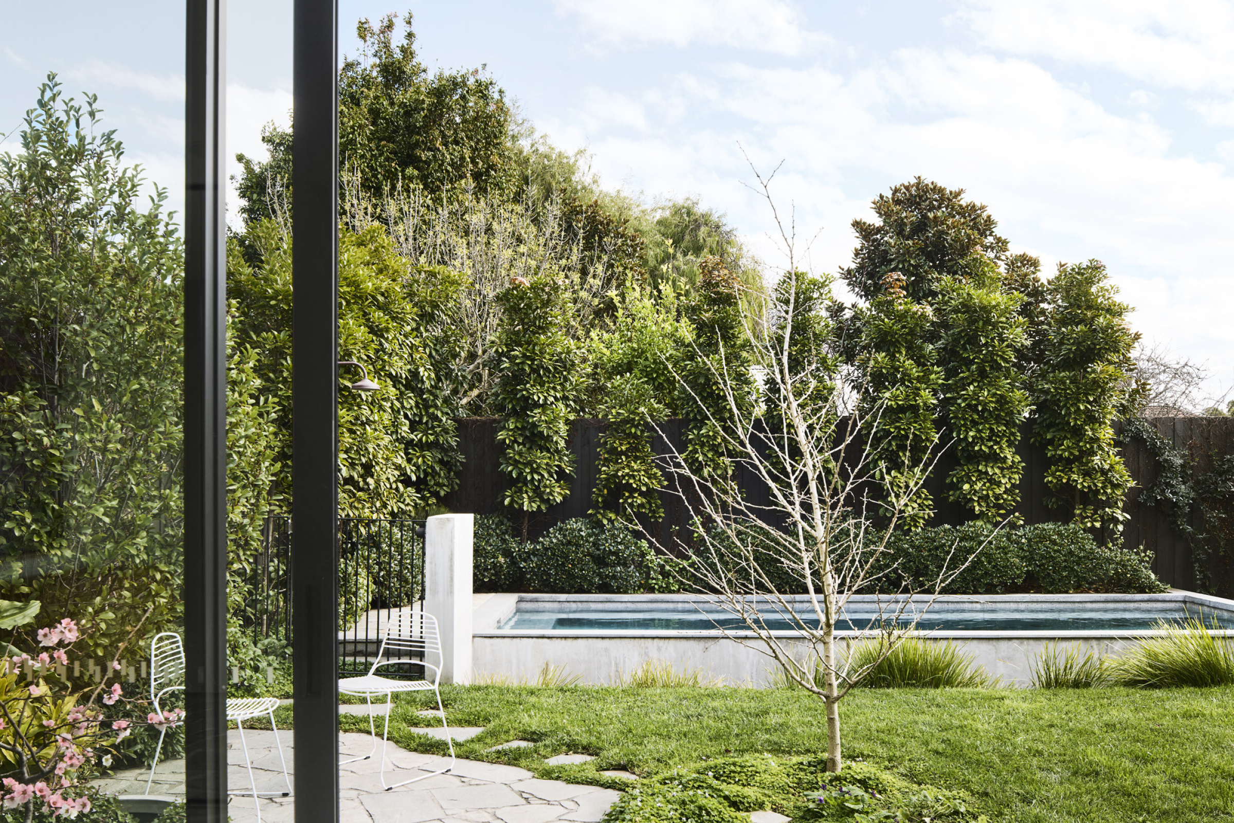 Day House backyard with a small pool, greenery, and white patio chairs.