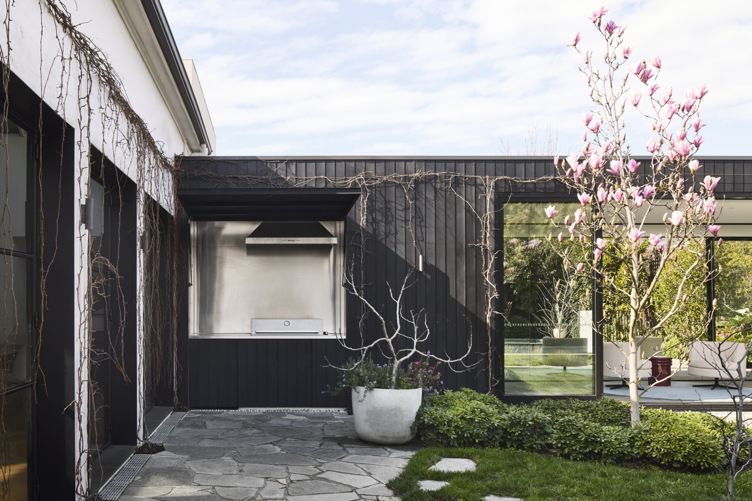 Modern courtyard with BBQ area and blooming magnolia tree in "Day House" design.