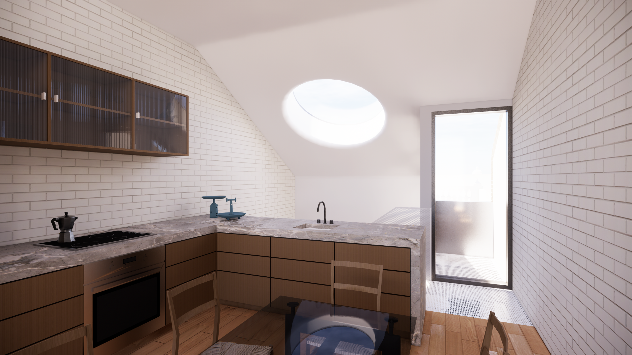 Modern kitchen design with skylight and minimalistic elements from the Escargot initiative.