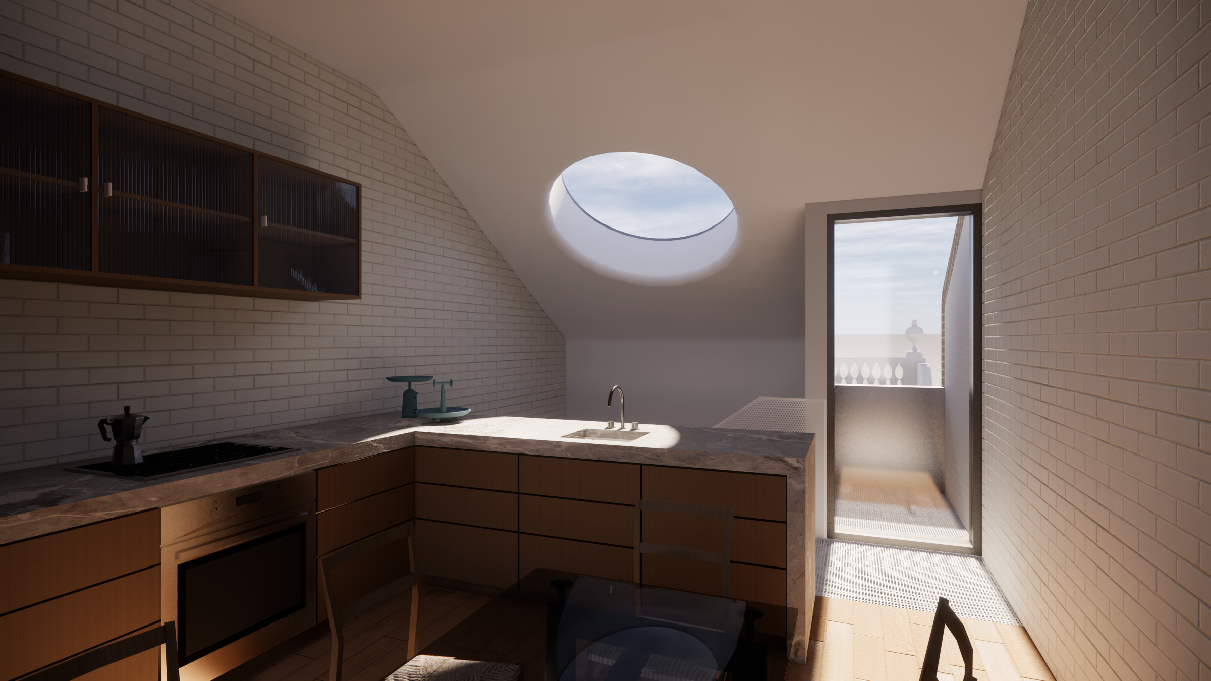 Modern kitchen with skylight and balcony in the Escargot design.
