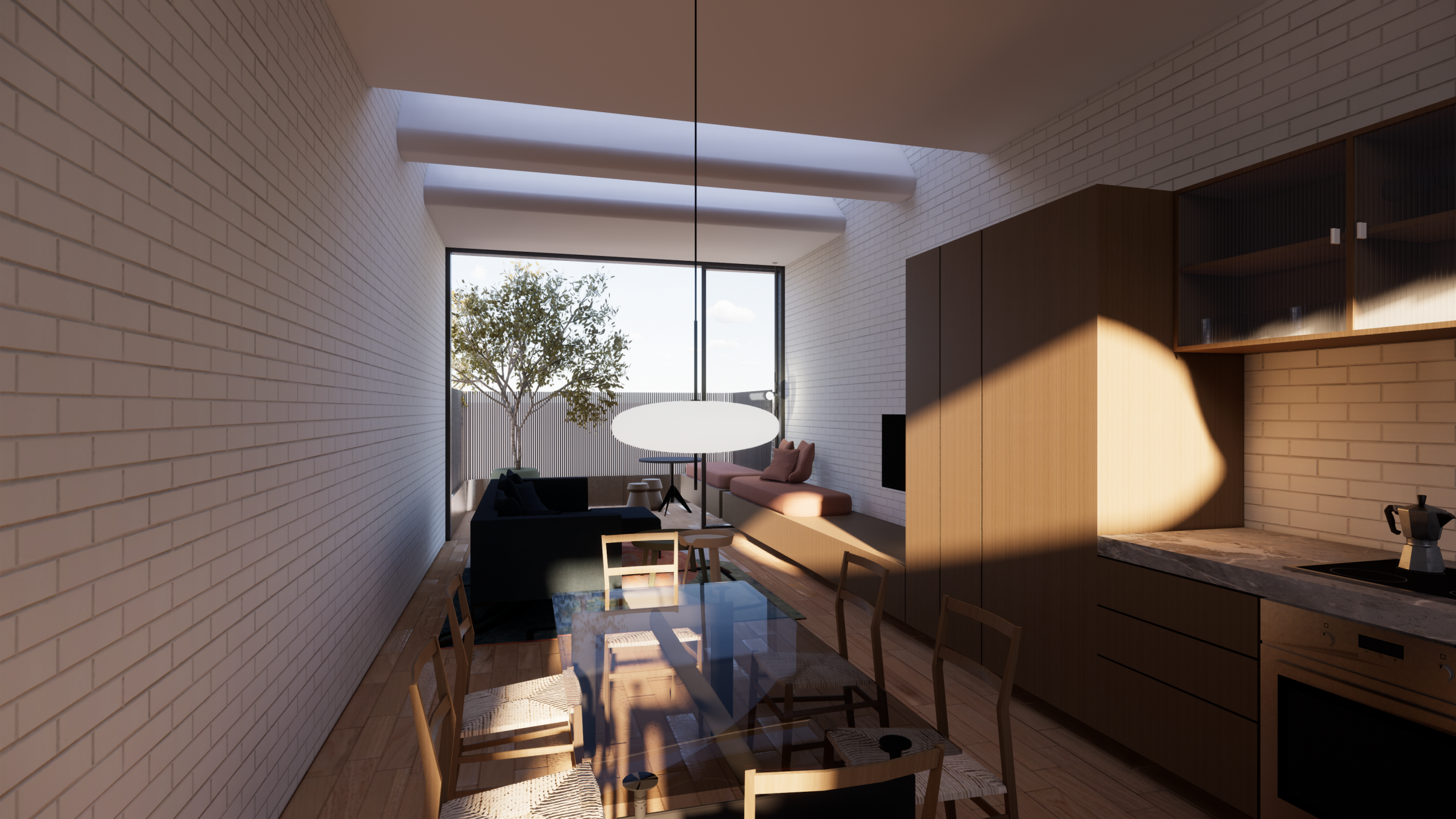 Modern living and dining space with natural light in Escargot project.