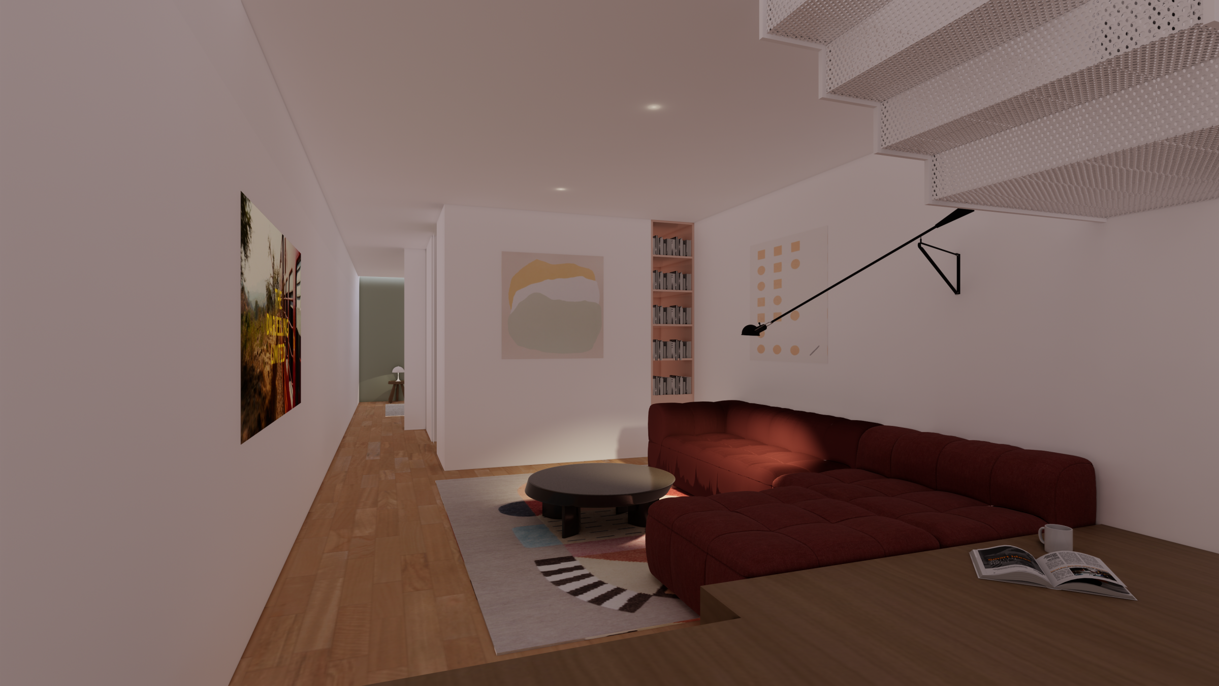 Modern living room interior from Escargot featuring a red sofa and abstract art.