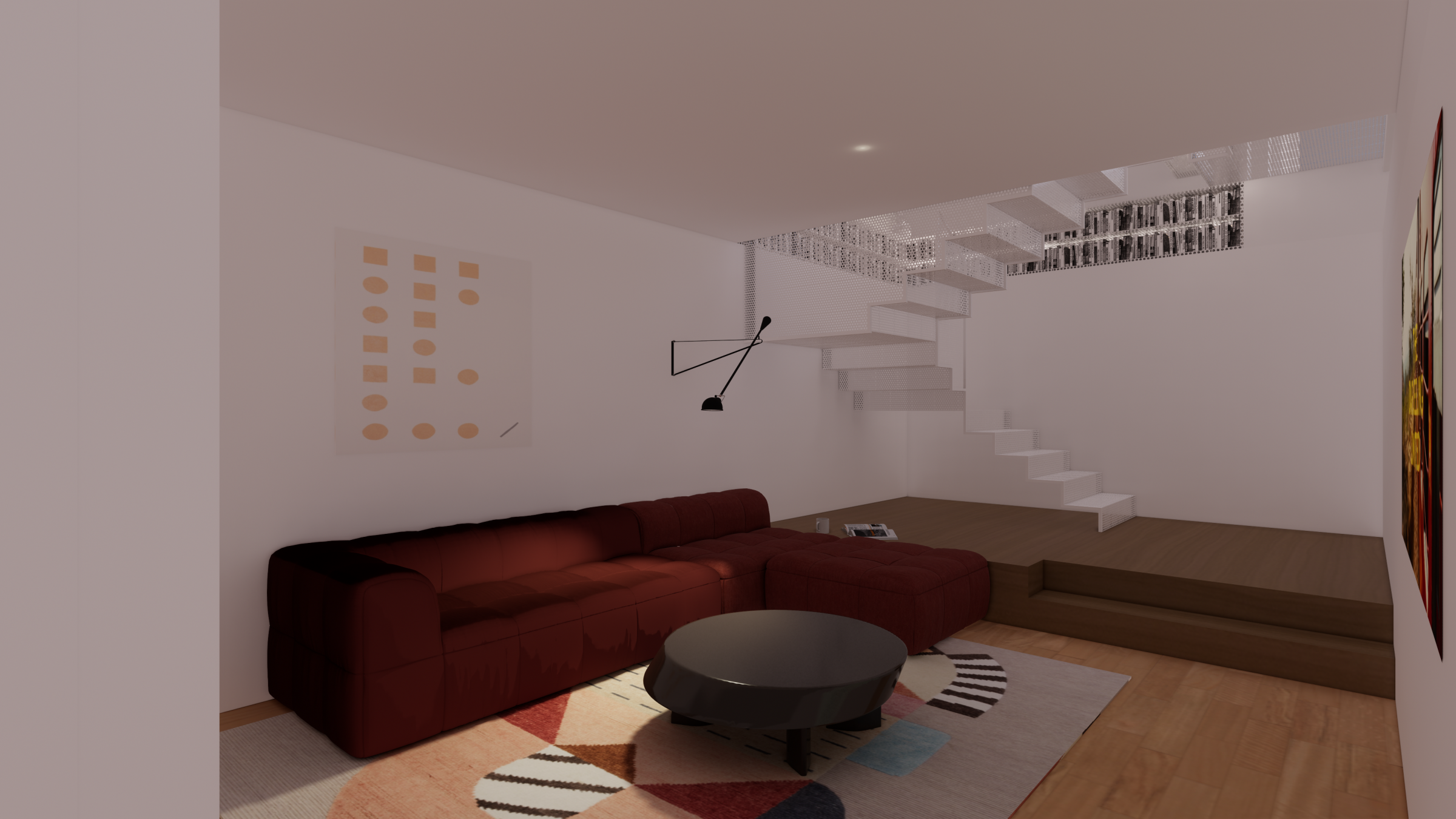 Modern living room design with red sofa and geometric decor in Escargot.
