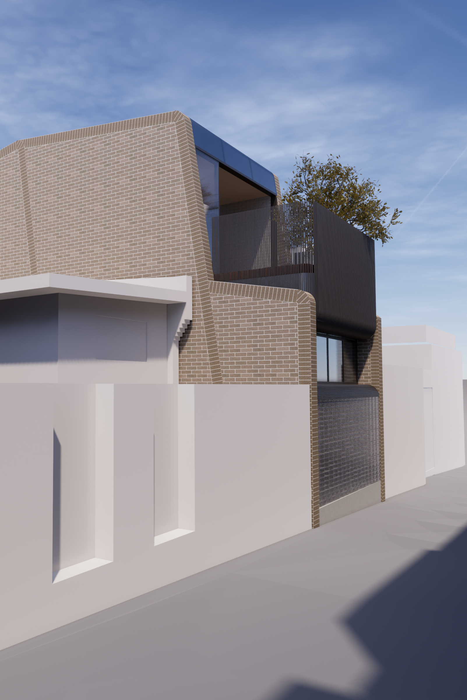 Modern architectural design featuring brick and glass elements in the Escargot project.