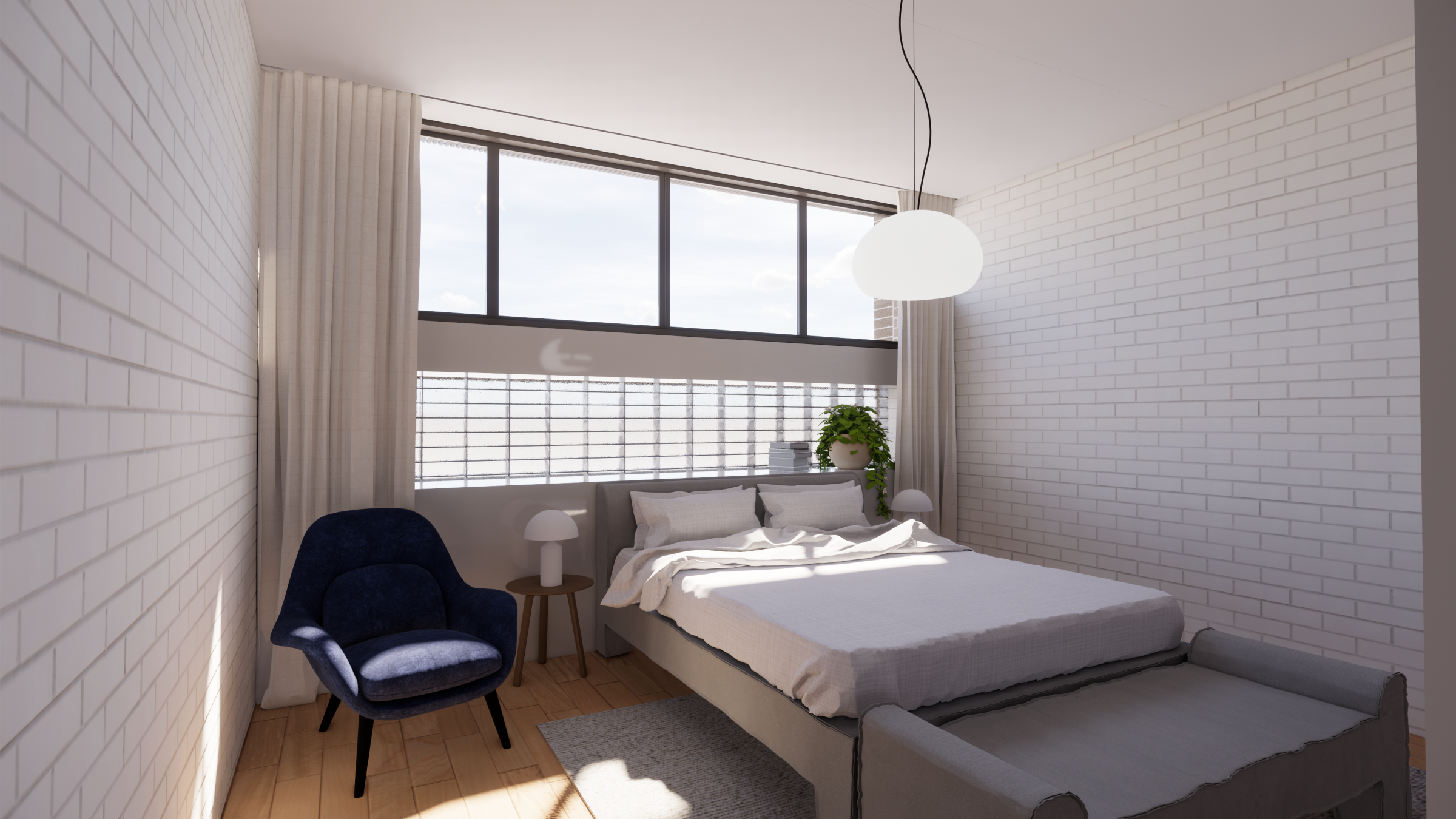 Modern bedroom design with white brick walls and large windows from Escargot project.