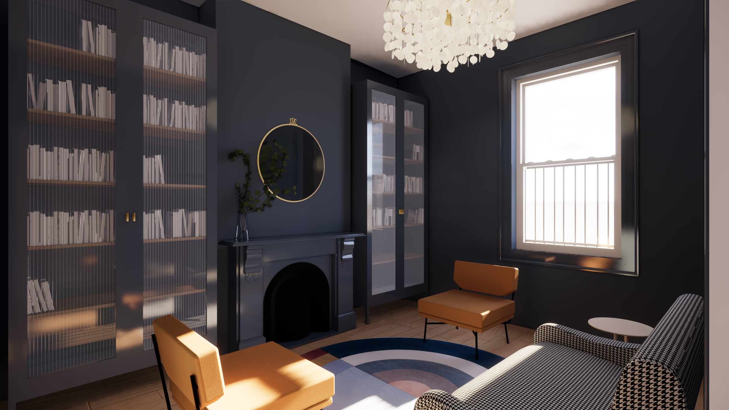 Cozy modern living room with dark walls and bookshelves from Escargot.