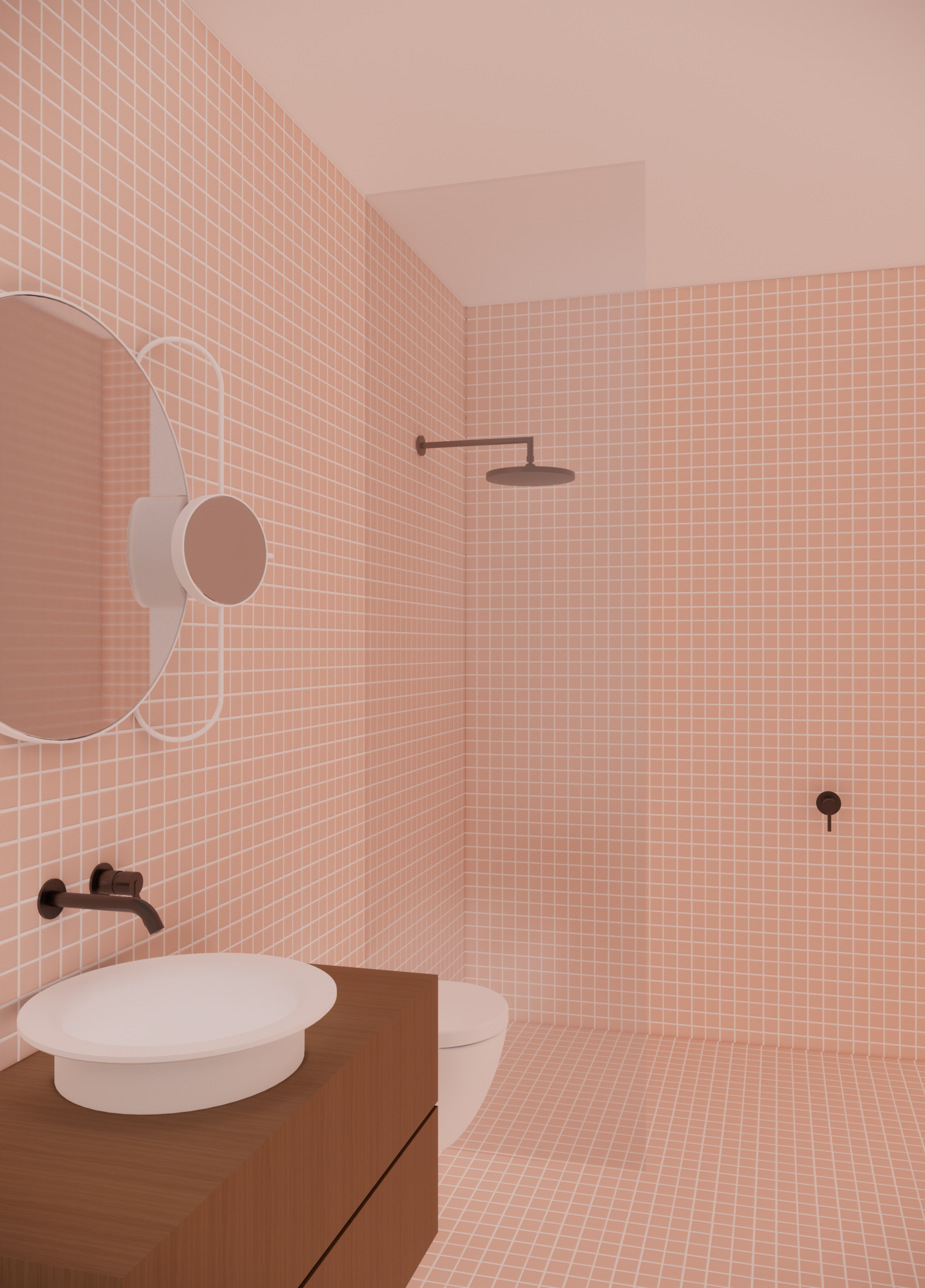 Modern pink-tiled bathroom design from Escargot, featuring minimalist fixtures and a round mirror.