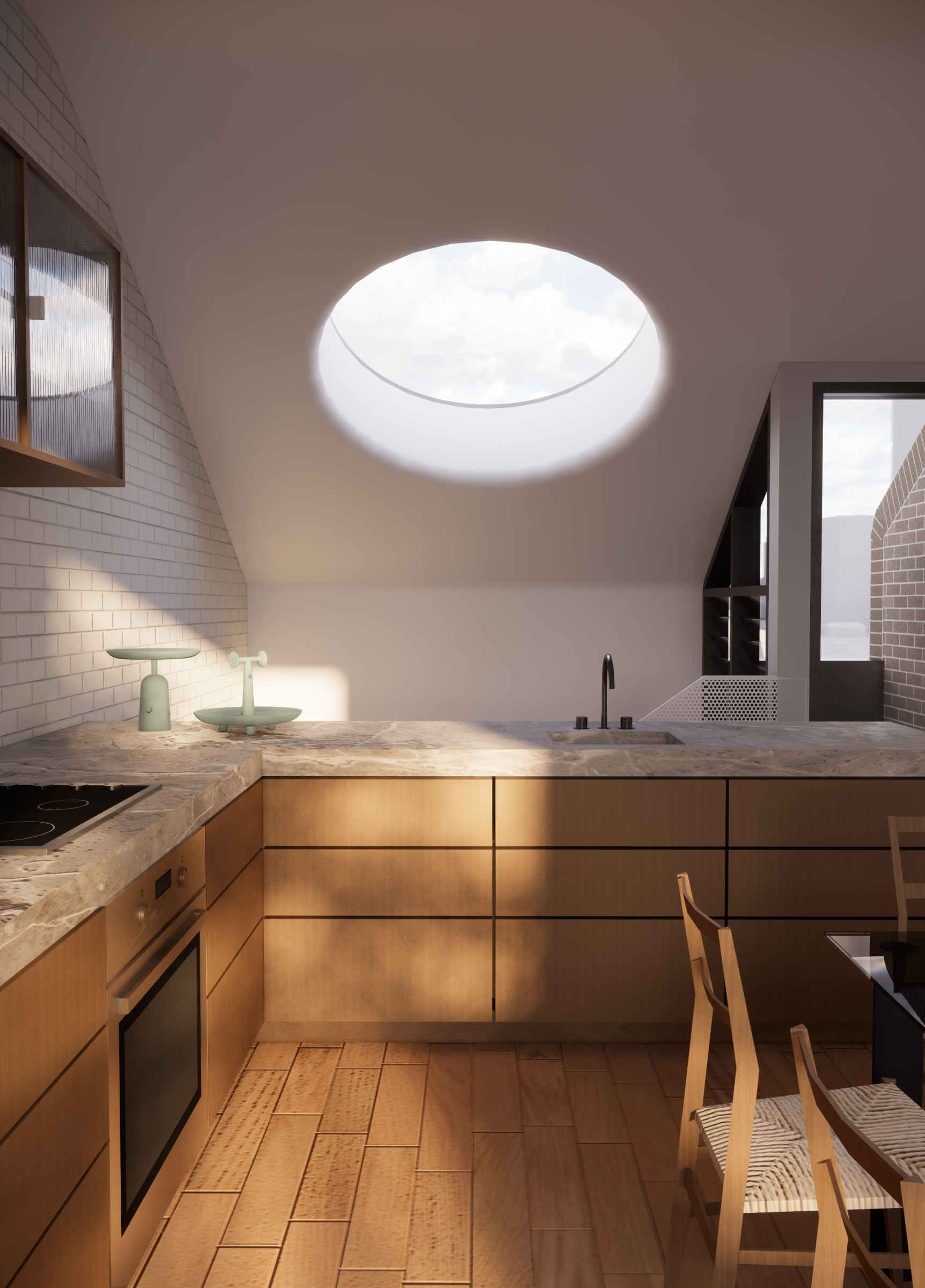 Modern kitchen design with skylight, part of Escargot, featuring wood cabinets and marble countertops.