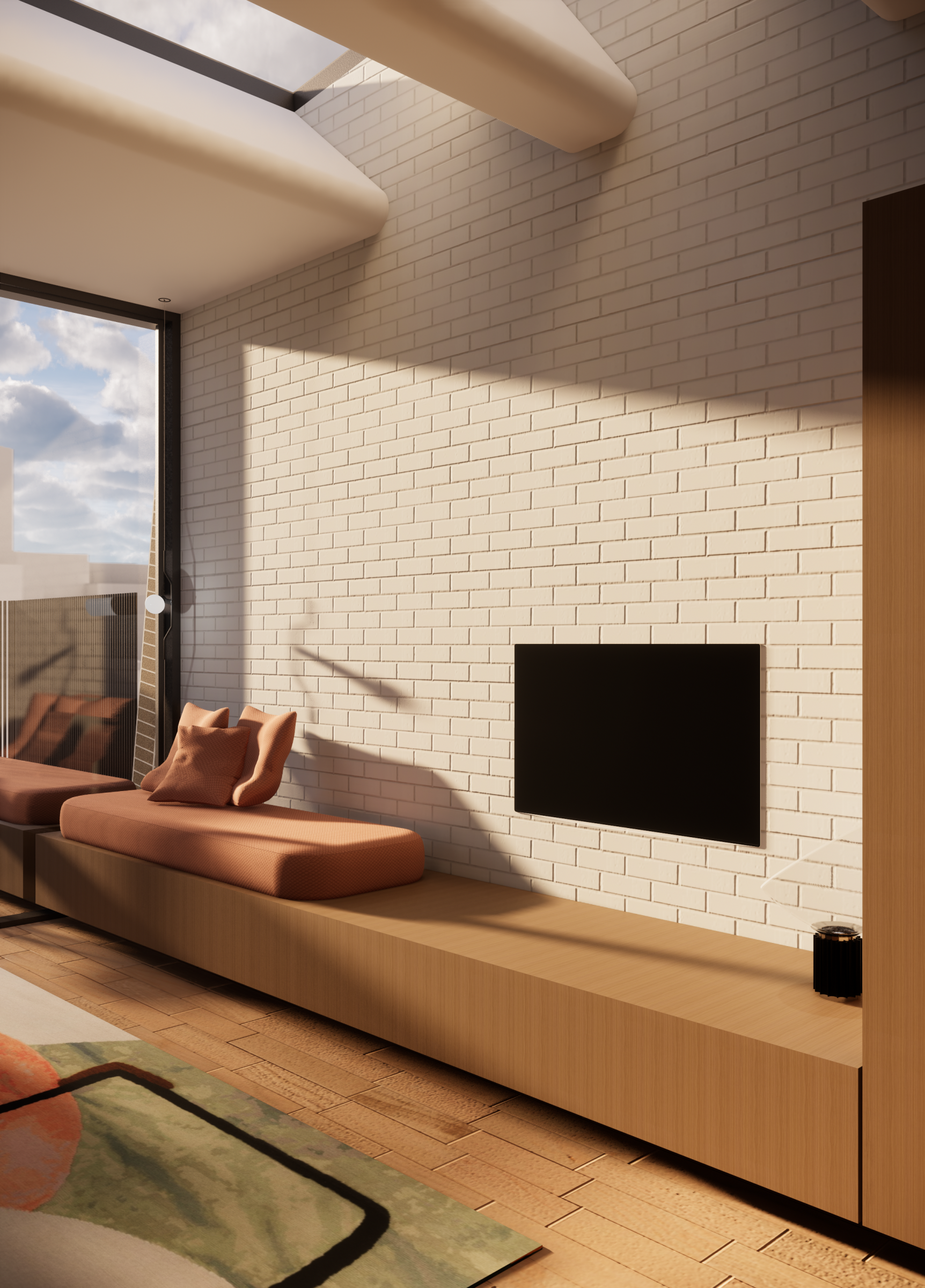 Modern living room interior with brick wall and sunlight, part of Escargot.