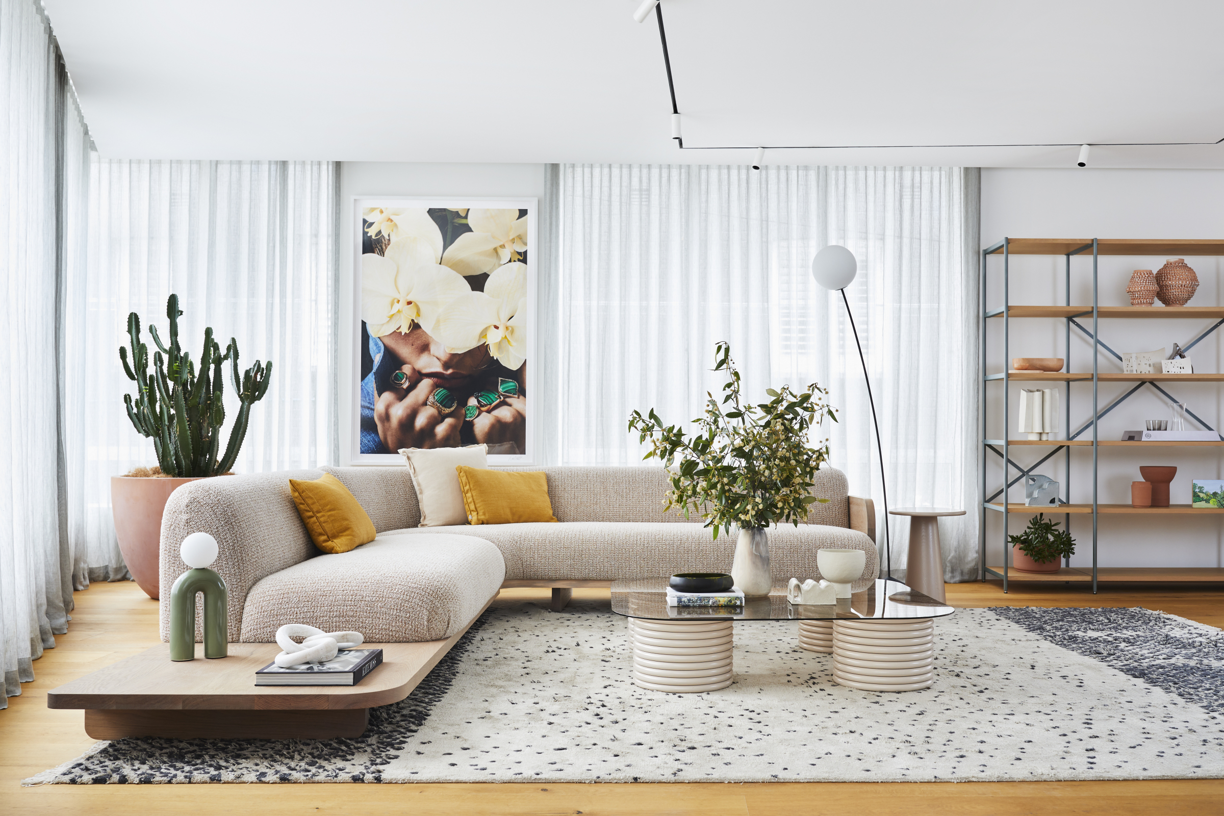 Modern living room with cozy decor and cactus plant, part of "Jardan, Sydney".
