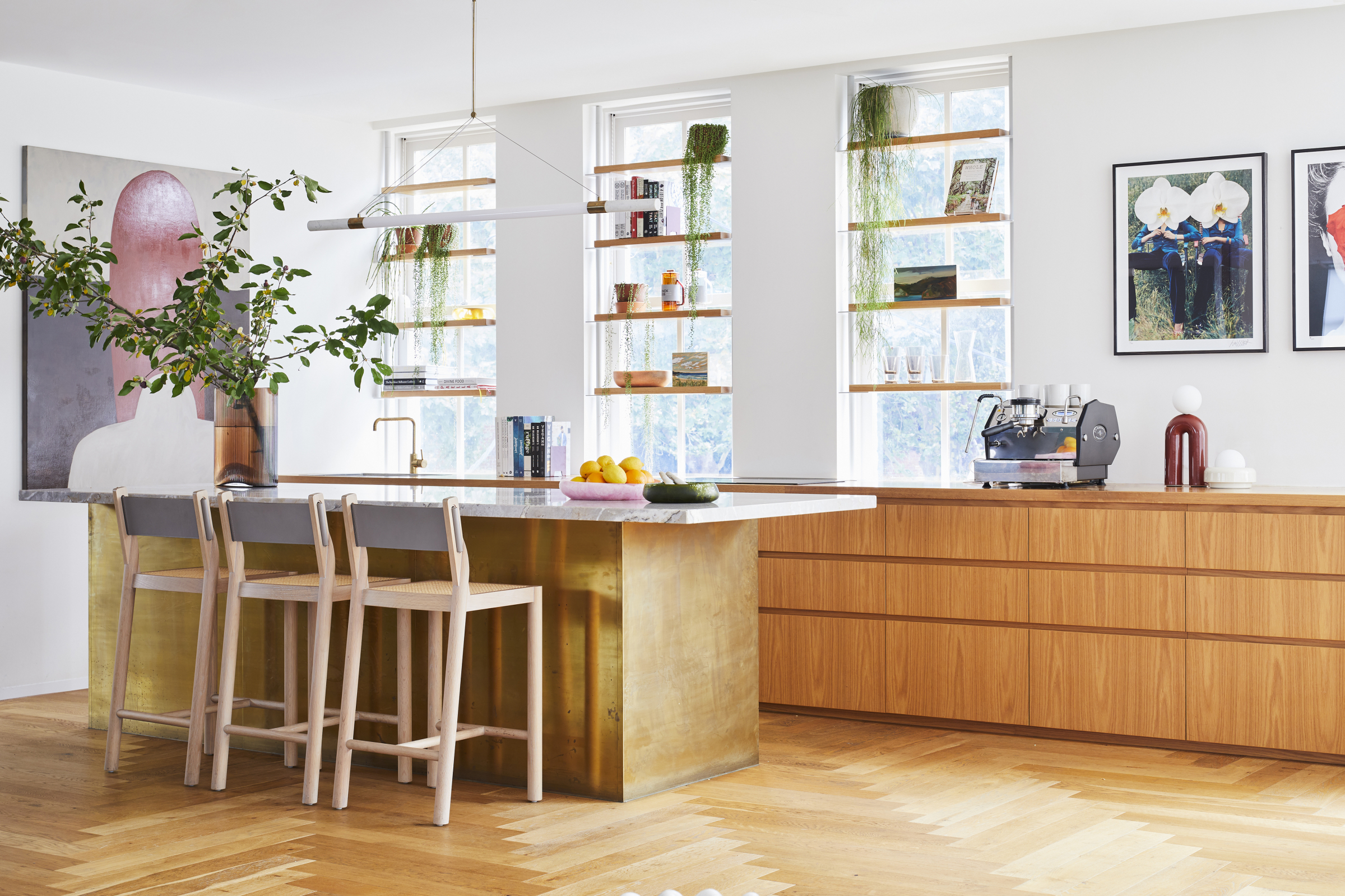Modern kitchen design with wooden cabinets and art in Jardan, Sydney.