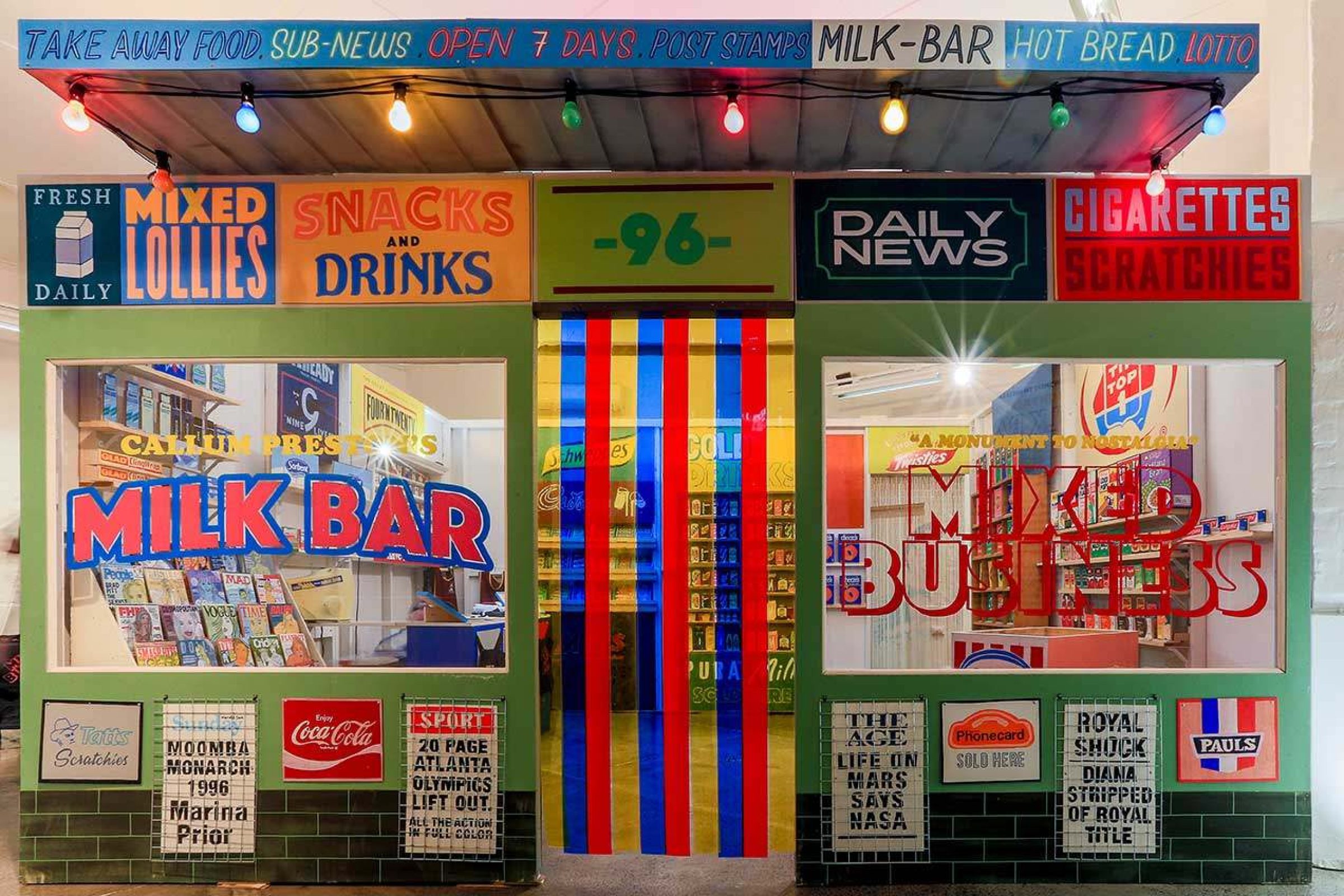Colorful nostalgic storefront of a milk bar, part of Madeleine de Proust.