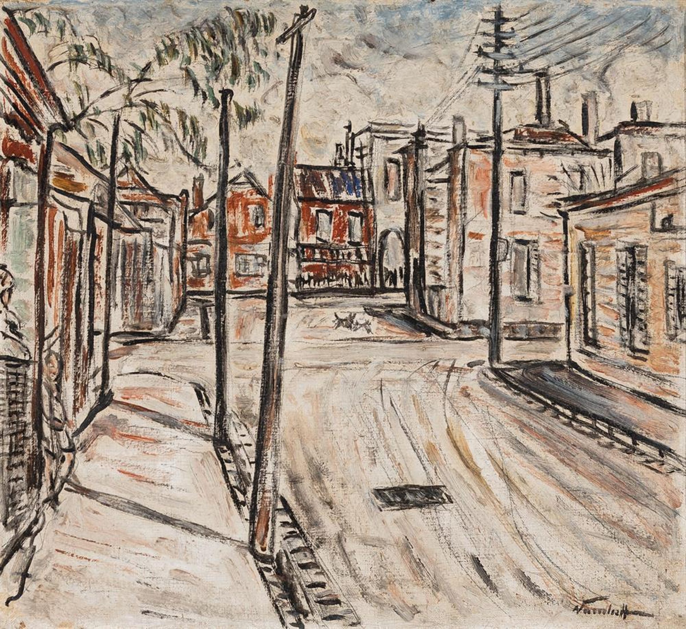 "One Trick Pony: Expressionist cityscape with vibrant buildings and dynamic street scene."