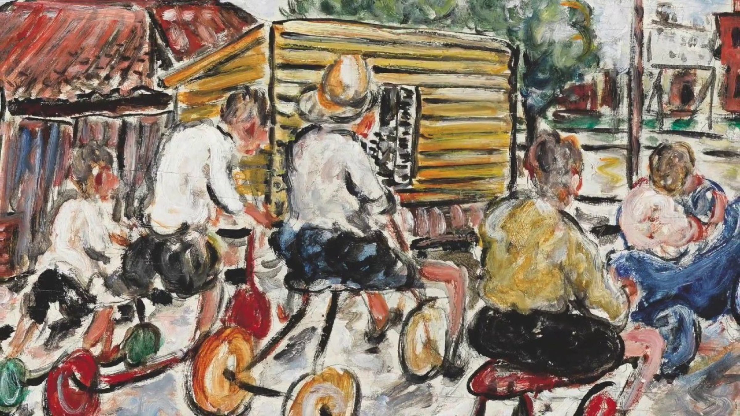 Painting of children on bicycles titled "One Trick Pony" with colorful, expressive brushstrokes.
