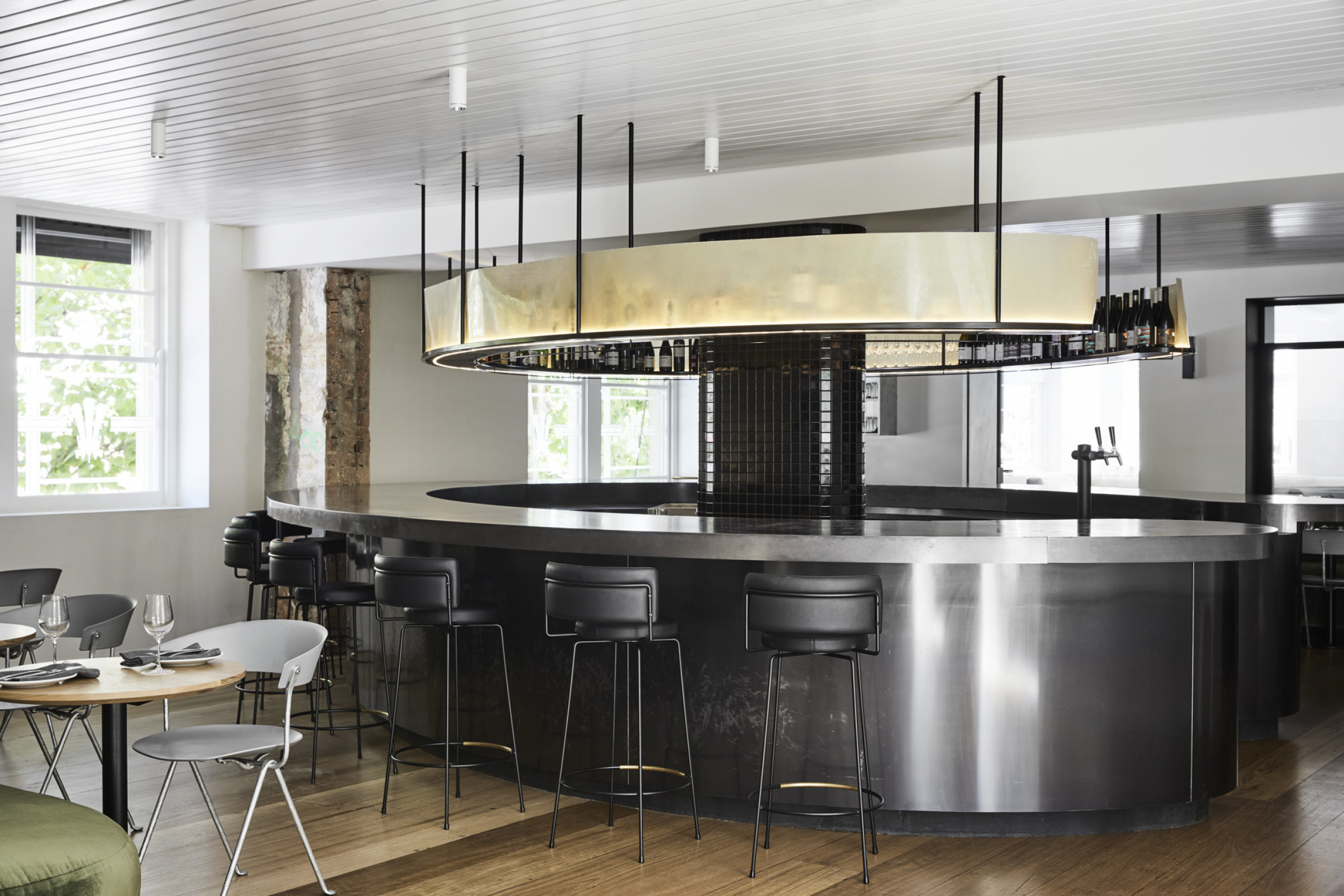 Modern dining room with sleek bar design in the Prince Dining Room.